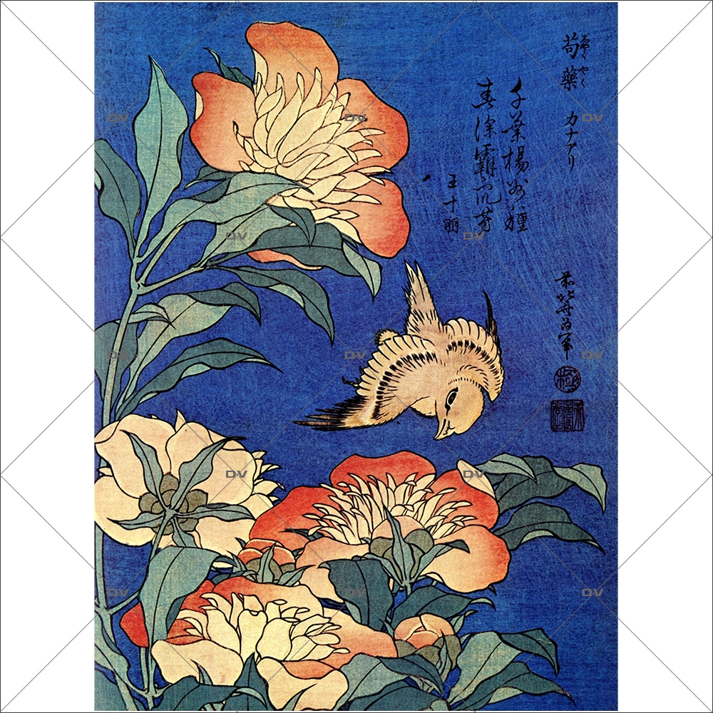 Sticker-vitrail-Hokusai-pivoines-oiseaux-Japon-vitrophanie-électrostatique-ou-adhésif-décoration-fenêtres-DECO-VITRES