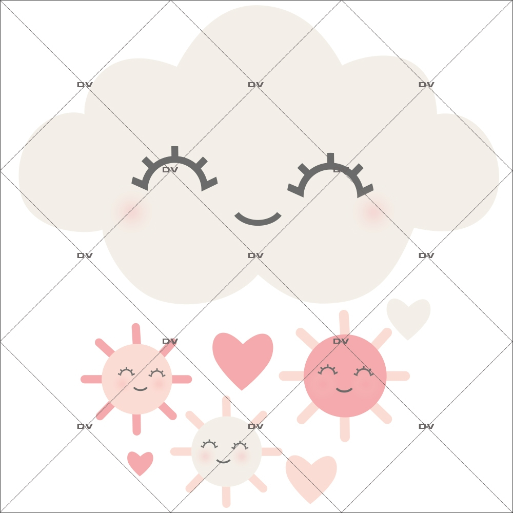 sticker-chambre-bébé-nuage-et-soleils-rieurs-coeurs-rose-fille-tissu-adhesif-enlevable-encres-ecologiques-DECO-VITRES-ST123