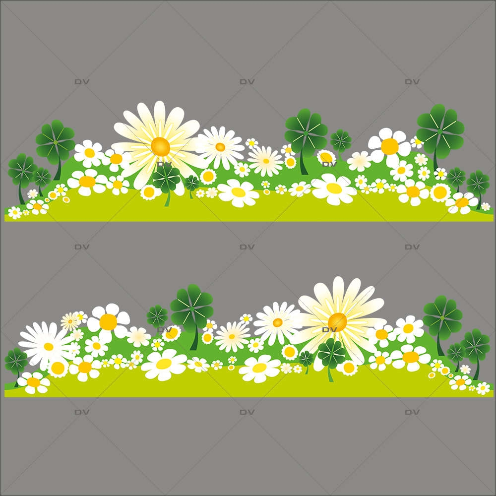 Sticker-frises-marguerites-pâquerettes-trèfles-fleurs-printemps-été-vitrophanie-décoration-vitrine-estivale-printanière-électrostatique-sans-colle-repositionnable-réutilisable-DECO-VITRES