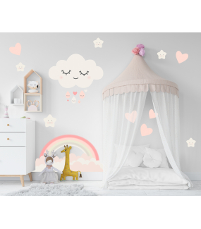 stickers-chambre-bébé-tissu-sans-pvc-encres-ecologiques-nuages-etoiles-coeurs-arc-en-ciel-fille-DECO-VITRES