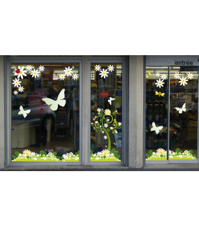 Sticker-pâquerettes-abeilles-coccinelle-fleurs-printemps-été-vitrophanie-décoration-vitrine-estivale-printanière-électrostatique-sans-colle-repositionnable-réutilisable-DECO-VITRES