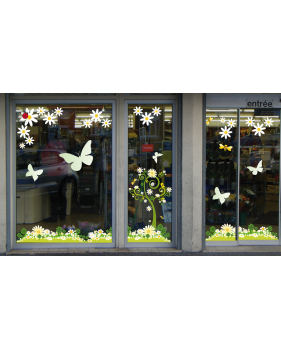 Sticker-pâquerettes-abeilles-coccinelle-fleurs-printemps-été-vitrophanie-décoration-vitrine-estivale-printanière-électrostatique-sans-colle-repositionnable-réutilisable-DECO-VITRES
