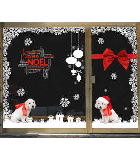 vitrine-decoration-noel-chiots-golden-retriever-cristaux-boules-cadeaux-ruban-noeud-sticker-electrostatique-vitrophanie-deco-vitres