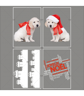 lot-promotionnel-4-stickers-vitrine-noel-puppies-electrostatique-sans-colle-repositionnable-chiots-frises-cadeaux-cristaux-texte-joyeux-noël-multilingue-DECO-VITRES-KIT302