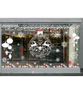 vitrine-stickers-noel-boule-geante-frises-etoiles-blanc-pur-texte-joyeux-noel-cristaux-neige-cadeaux-rouges-blancs-volutes-rennes-noeud-cadeau-vitrophanie-electrostatique-repositionnable-reutilisable-sans-colle-iconique-DECO-VITRES