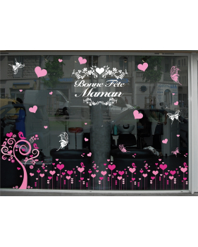 Sticker-bonne-fête-maman-fleurs-coeurs-texte-blanc-vitrophanie-décoration-vitrine-printanière-fête-mères-électrostatique-sans-colle-repositionnable-réutilisable-DECO-VITRES