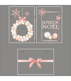 Lot-promotionnel-3-stickers-vitrine-noel-boudoir-pancarte-joyeux-noel-couronne-boules-rose-blanche-champagne-ruban-noeud-cadeau-rose-electrostatique-sans-colle-repositionnable-DECO-VITRES-KIT26