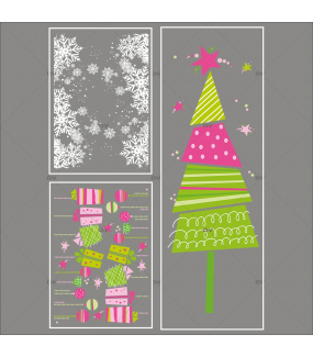 lot-promotionnel-3-stickers-vitrine-noel-girly-frises-entourage-cristaux-boules-paquets-cadeaux-et-sapin-stylise-rose-et-vert-electrostatique-sans-colle-repositionnable-DECO-VITRES-KIT151