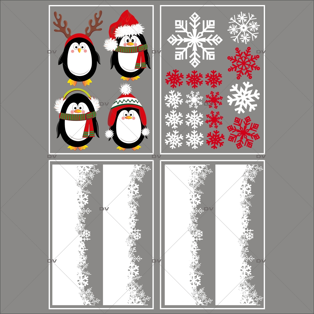 lot-promotionnel-4-stickers-vitrine-noel-arctique-pingouins-cristaux-rouge-irise-et-blancs-frises-de-neige-encadrement-vitrine-electrostatique-sans-colle-repositionnable-DECO-VITRES-KIT84