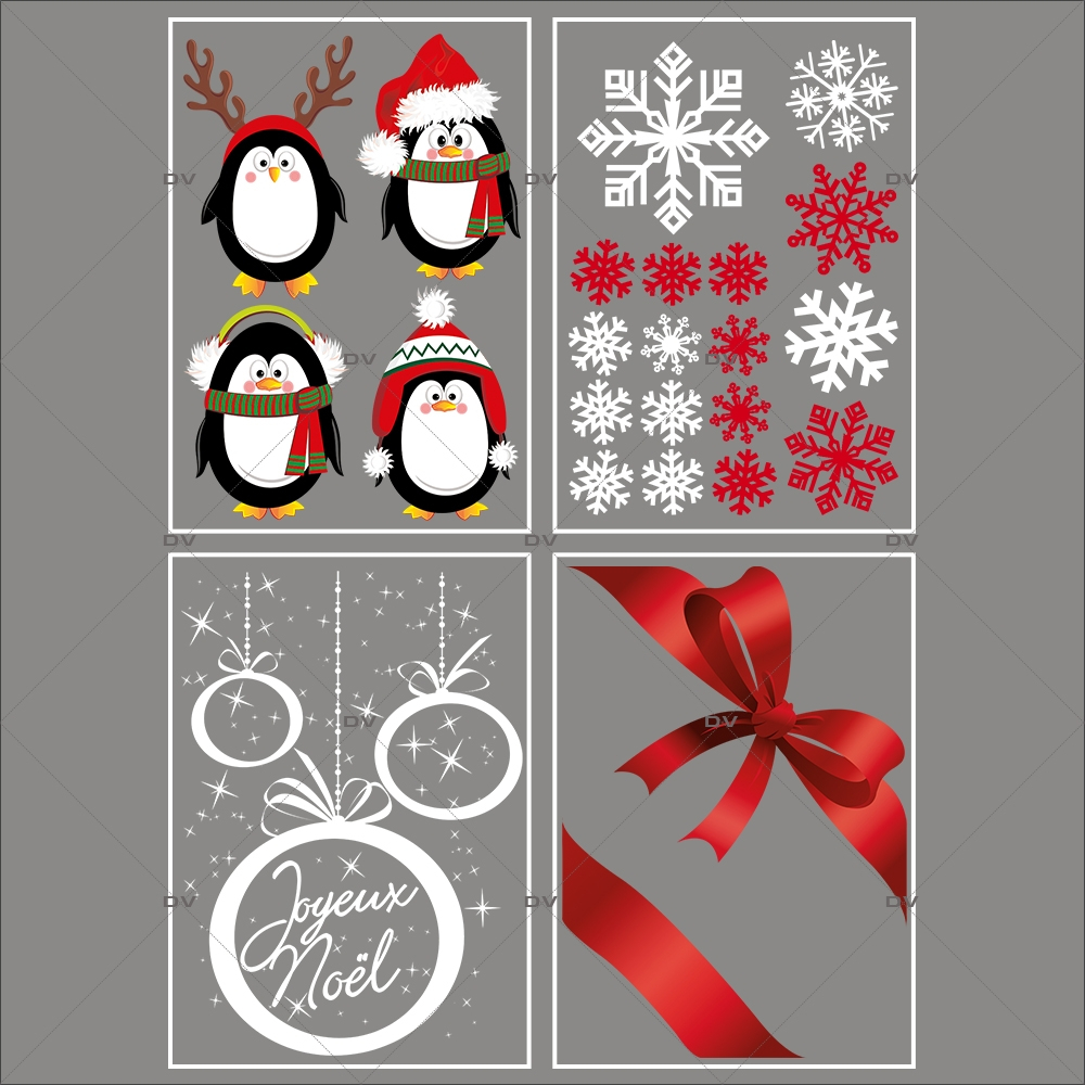 lot-promotionnel-4-stickers-vitrine-noel-arctique-pingouins-cristaux-rouge-irise-et-blancs-suspensions-de-boules-joyeux-noel-ruban-noeud-cadeau-rouge-electrostatique-sans-colle-repositionnable-DECO-VITRES-KIT85