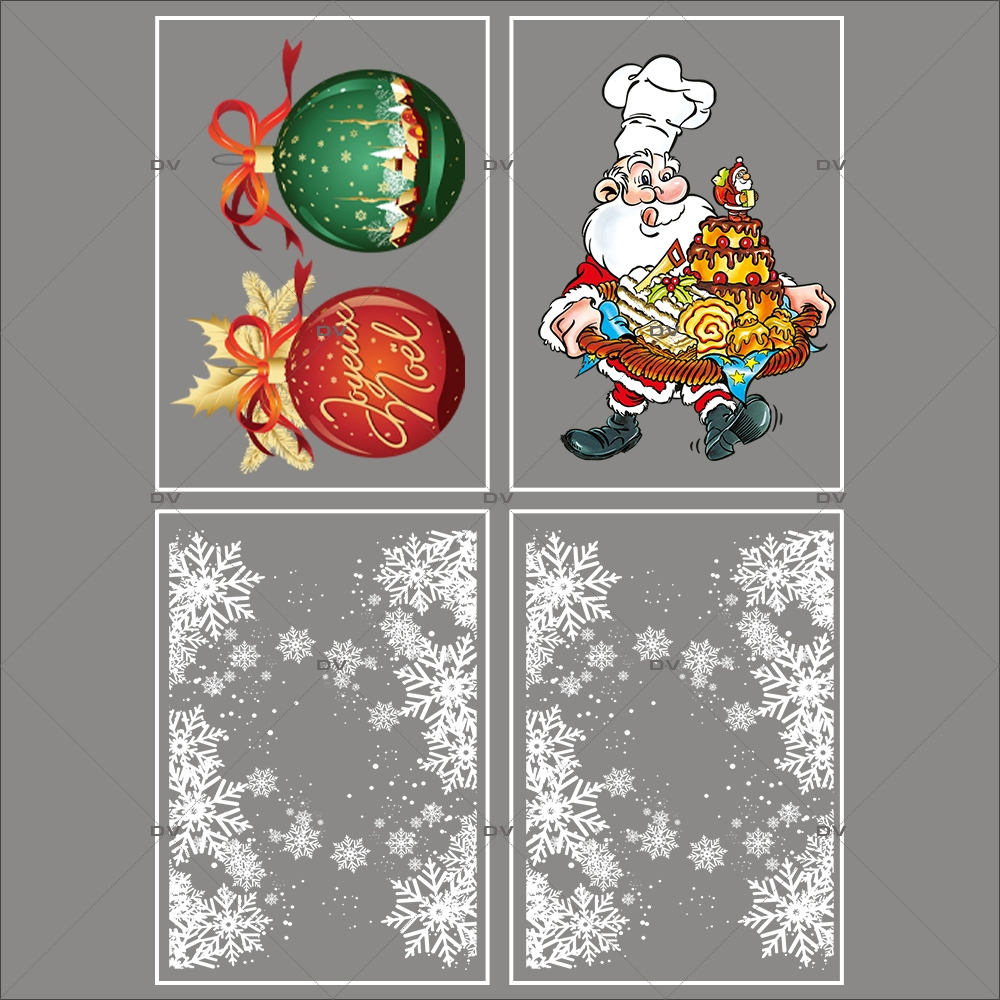 lot-promotionnel-4-stickers-vitrine-noel-gourmand-frises-entourage-cristaux-boules-geantes-joyeux-noel-pere-noel-patissier-electrostatique-sans-colle-repositionnable-DECO-VITRES-KIT154