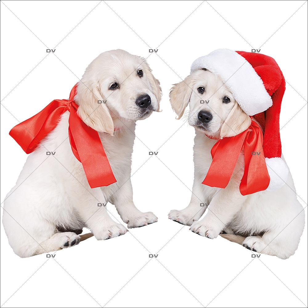 sticker-chiots-golden-retriever-noeud-ruban-rouge-et-bonnet-vitrine-noel-electrostatique-vitrophanie-sans-colle-DECO-VITRES-CC9