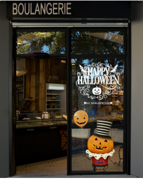 vitrine-halloween-stickers-electrostatiques-vitrophanie-boulangerie-patisserie-citrouille-ballon-gateau-cup-cake-boo-texte-happy-halloween-deco-vitres