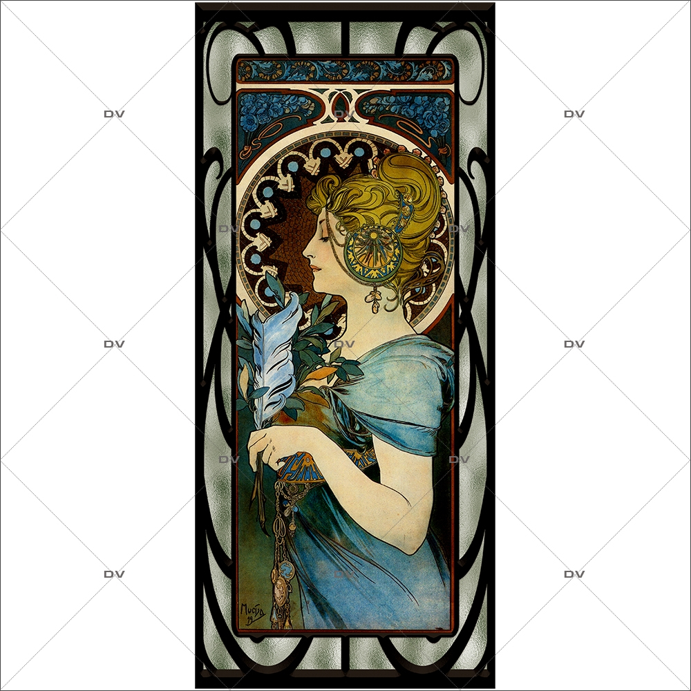 sticker-vitrail-art-nouveau-mucha-dame-plume-VIT451D