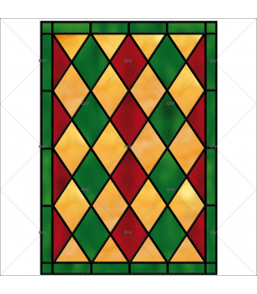 sticker-vitrail-arlequin-losanges-vert-jaune-rouge-geometrique-electrostatique-adhesif-effet-depoli-DECO-VITRES-VIT44