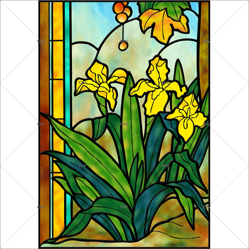 Sticker-vitrail-arbres-jonquilles-fleurs-paysage-nature-retro-vitrophanie-électrostatique-sans-colle-repositionnable-réutilisable-ou-adhésif-décoration-fenêtres-vitres-DECO-VITRES