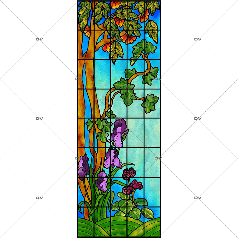 Sticker-vitrail-arbres-iris-fleurs-paysage-nature-retro-vitrophanie-électrostatique-sans-colle-repositionnable-réutilisable-ou-adhésif-décoration-fenêtres-vitres-DECO-VITRES