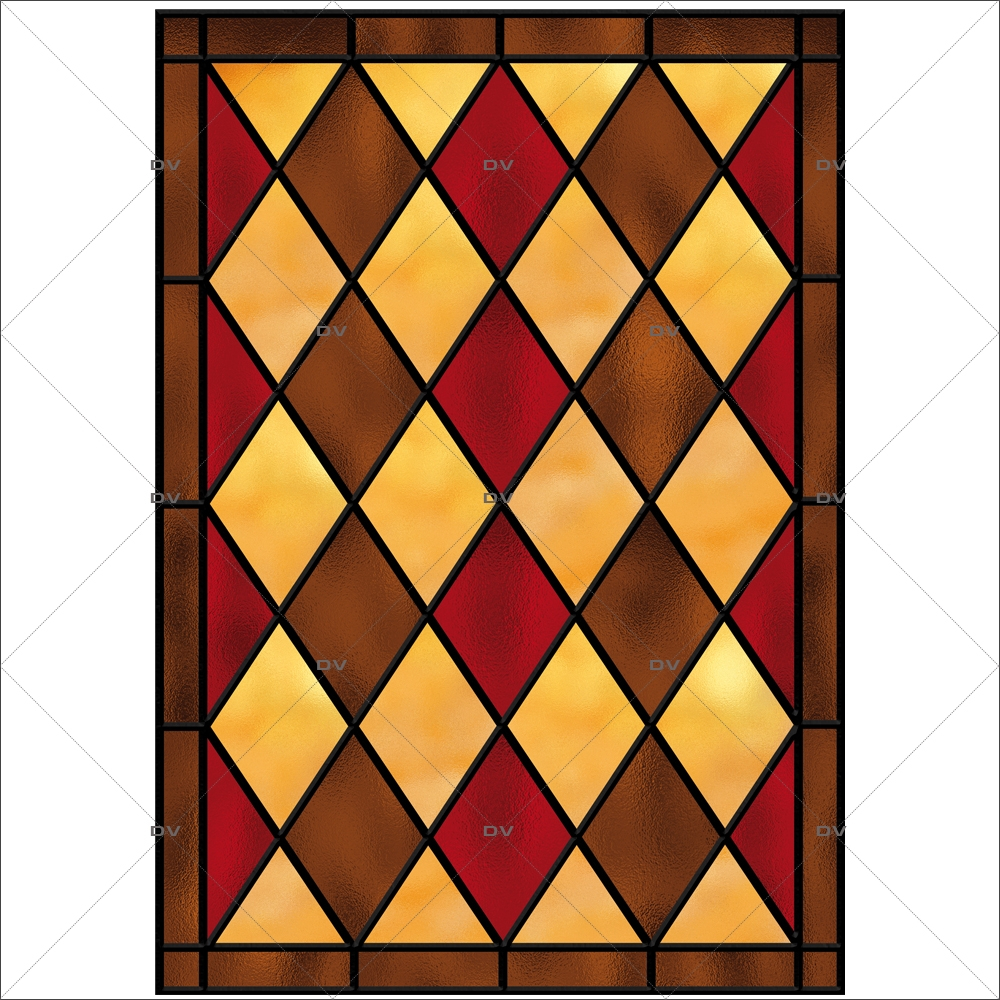 Sticker-vitrail-géométrique-losanges-marron-rouge-jaune-ancien-vintage-retro-vitrophanie-électrostatique-sans-colle-repositionnable-réutilisable-ou-adhésif-décoration-fenêtres-vitres-DECO-VITRES