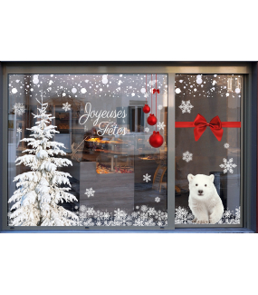 photo-stickers-ourson-sapin-enneige-frises-flocons-cristaux-suspensions-boules-noeud-rouges-texte-joyeuses-fetes-noel-polaire-nature-arctique-decoration-vitrine-vitrophanie-electrostatique-sans-colle-reutilisable-DECO-VITRES