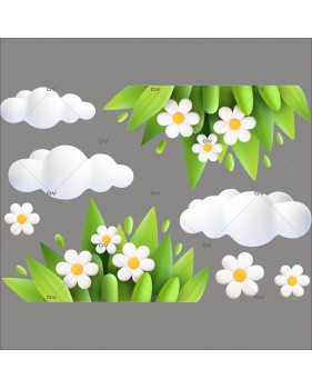 PAQ151 - Sticker nuages et frises de plantes et pâquerettes
