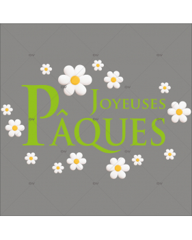 PAQ150 - Sticker texte Joyeuses Pâques et pâquerettes