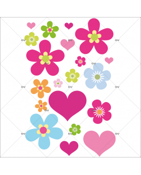 FLEURS50 - Sticker fleurs multicolores et coeurs