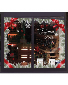 Sticker-angles-noeud-et-ruban-cadeau-rouge-encadrement-vitrophanie-décoration-vitrine-noël-électrostatique-sans-colle-repositionnable-réutilisable-DECO-VITRES