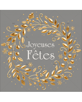 CR23 - Sticker couronne feuillages dorés Joyeuses Fêtes
