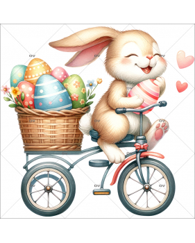 PAQ226 - Sticker lapin bicyclette panier d'oeufs de Pâques aquarelle