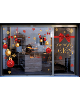 photo-vitrine-decoration-noel-sticker-suspensions-boules-noeuds-cristaux-rouges-or-électrostatique-DECO-VITRES