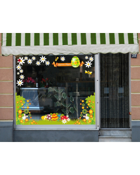 Sticker-ruban-orange-banderole-texte-joyeuses-pâques-oeuf-fleurs-vitrophanie-décoration-vitrine-pâques-printanière-électrostatique-sans-colle-repositionnable-réutilisable-DECO-VITRES