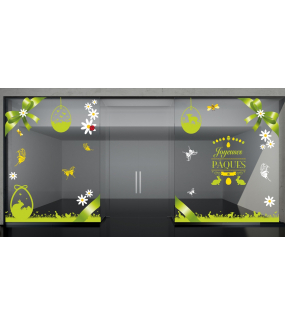Sticker-médaillon-agneau-herbes-animaux-vert-printemps-vitrophanie-décoration-vitrine-pâques-printanière-boucherie-épicerie-fine-traiteur-charcuterie-électrostatique-sans-colle-repositionnable-réutilisable-DECO-VITRES