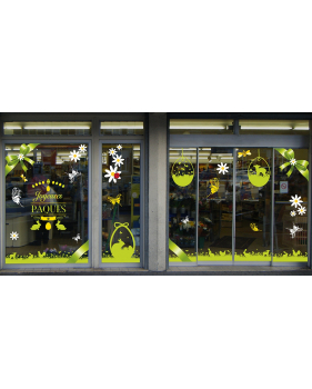 Sticker-bannière-texte-joyeuses-pâques-lapins-poussin-oeufs-fleurs-jaune-vert-vitrophanie-décoration-vitrine-pâques-printanière-électrostatique-sans-colle-repositionnable-réutilisable-DECO-VITRES