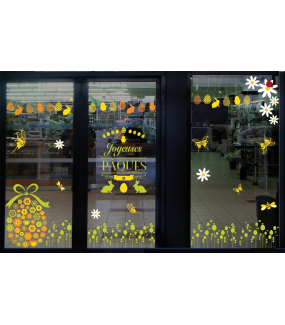 Sticker-bannière-texte-joyeuses-pâques-lapins-poussin-oeufs-fleurs-jaune-vert-vitrophanie-décoration-vitrine-pâques-printanière-électrostatique-sans-colle-repositionnable-réutilisable-DECO-VITRES