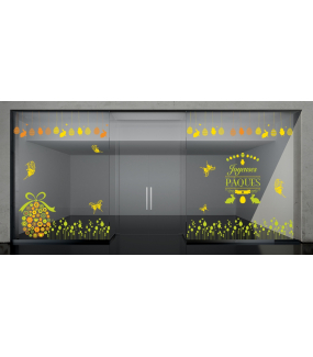 Sticker-frises-lapin-poussin-oeufs-de-pâques-suspendus-papillons-orange-vitrophanie-décoration-vitrine-pâques-printanière-électrostatique-sans-colle-repositionnable-réutilisable-DECO-VITRES