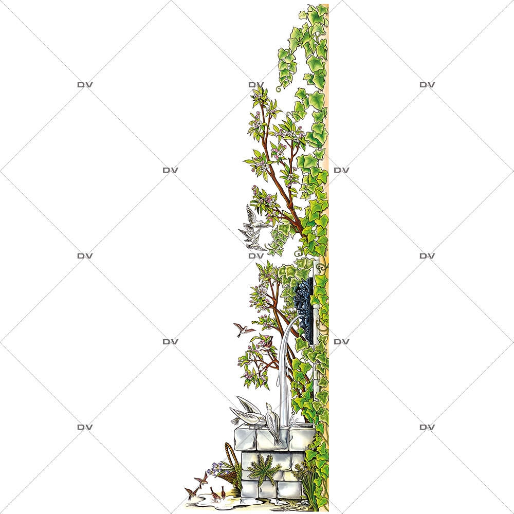 Sticker-fontaine-lierre-fleurs-moineaux-colombes-oiseaux-paysage-printemps-été-vitrophanie-décoration-vitrine-estivale-printanière-électrostatique-sans-colle-repositionnable-réutilisable-DECO-VITRES