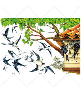 Sticker-angle-de-toit-nid-hirondelles-oiseaux-paysage-printemps-été-vitrophanie-décoration-vitrine-estivale-printanière-électrostatique-sans-colle-repositionnable-réutilisable-DECO-VITRES