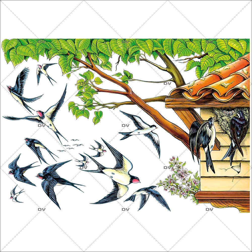 Sticker-angle-de-toit-nid-hirondelles-oiseaux-paysage-printemps-été-vitrophanie-décoration-vitrine-estivale-printanière-électrostatique-sans-colle-repositionnable-réutilisable-DECO-VITRES