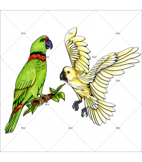 Sticker-2-oiseaux-exotiques-perroquets-cacatoès-été-animaux-vitrophanie-décoration-vitrine-estivale-électrostatique-sans-colle-repositionnable-réutilisable-DECO-VITRES