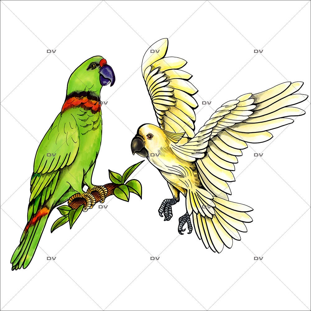 Sticker-2-oiseaux-exotiques-perroquets-cacatoès-été-animaux-vitrophanie-décoration-vitrine-estivale-électrostatique-sans-colle-repositionnable-réutilisable-DECO-VITRES