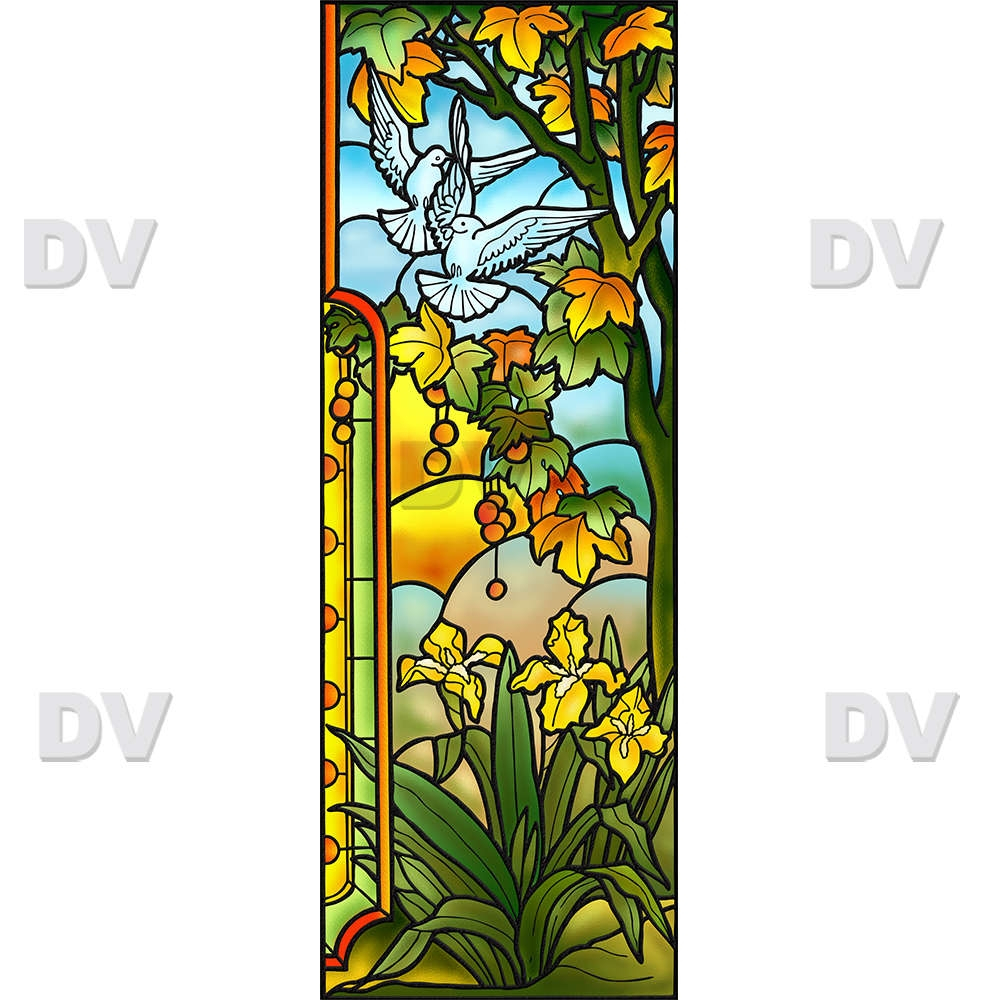 Sticker-vitrail-arbres-platane-iris-fleurs-colombes-paysage-nature-retro-vitrophanie-électrostatique-sans-colle-repositionnable-réutilisable-ou-adhésif-décoration-fenêtres-vitres-DECO-VITRES