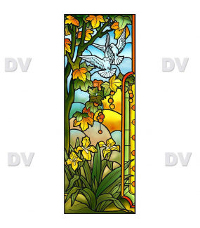 Sticker-vitrail-arbres-platane-iris-fleurs-colombes-paysage-nature-retro-vitrophanie-électrostatique-sans-colle-repositionnable-réutilisable-ou-adhésif-décoration-fenêtres-vitres-DECO-VITRES