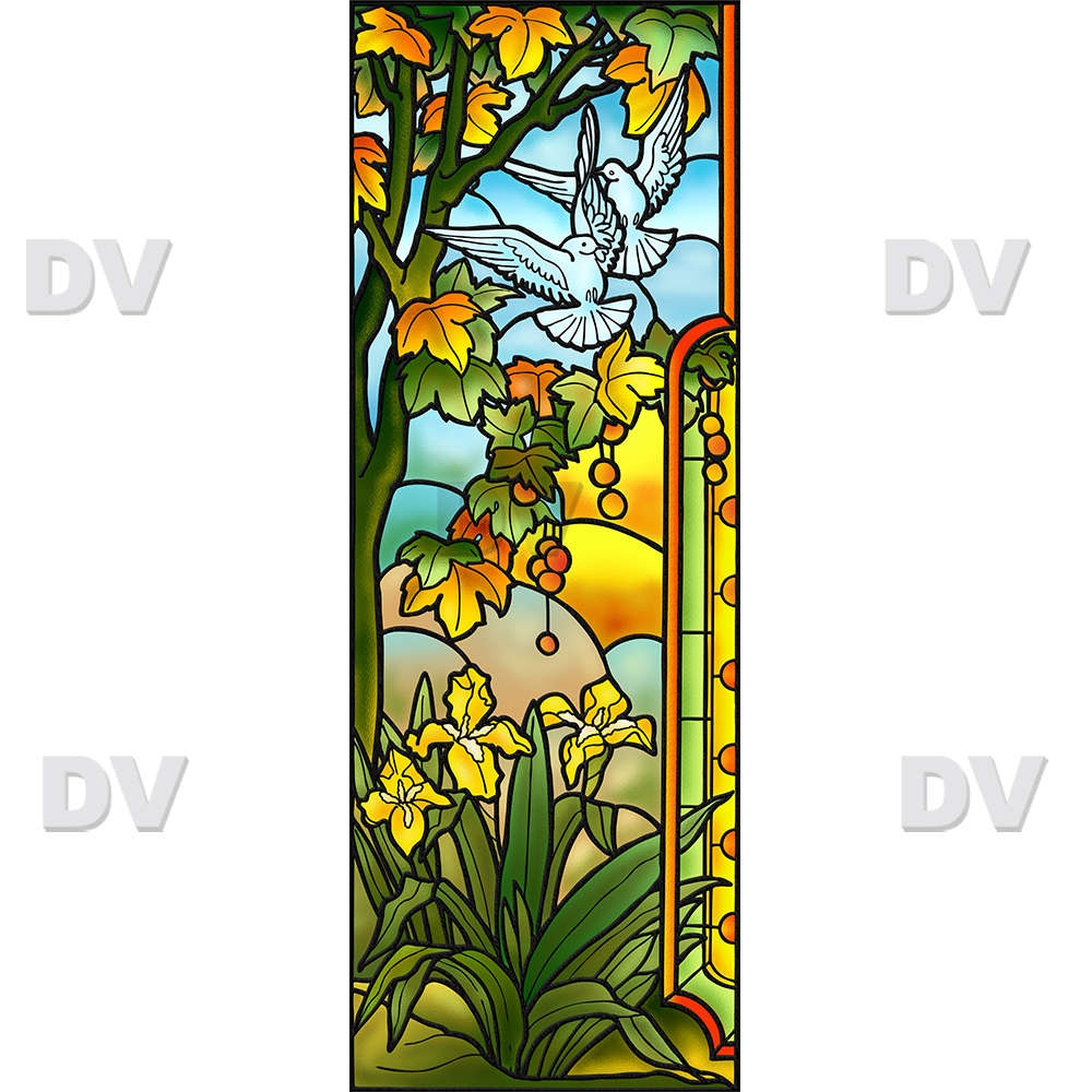 Sticker-vitrail-arbres-platane-iris-fleurs-colombes-paysage-nature-retro-vitrophanie-électrostatique-sans-colle-repositionnable-réutilisable-ou-adhésif-décoration-fenêtres-vitres-DECO-VITRES